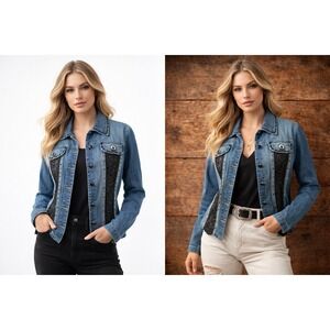 JUST B Blue Denim Western Jacket Studded Black Lace Panel Fitted Boho Y2K Sz L